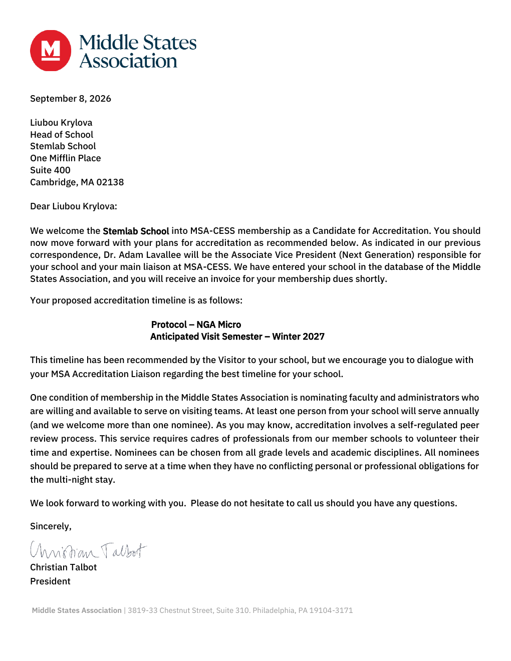 Приветственное письмо Stemlab School от Middle States Association